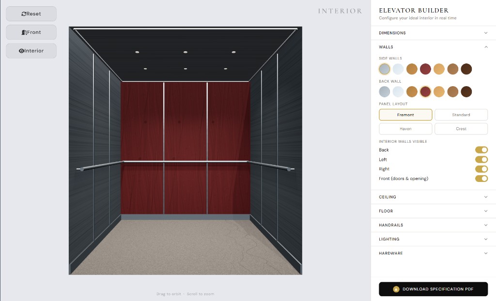 Elevator Builder 3D configurator showing interior preview and customization controls