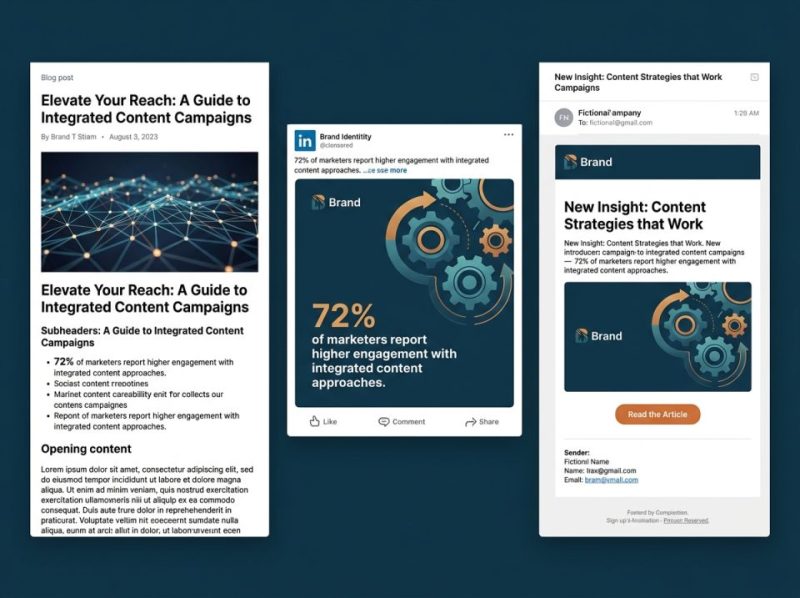 Interconnected blog post, social media graphic, and email snippet demonstrating a seamless content marketing campaign flow.