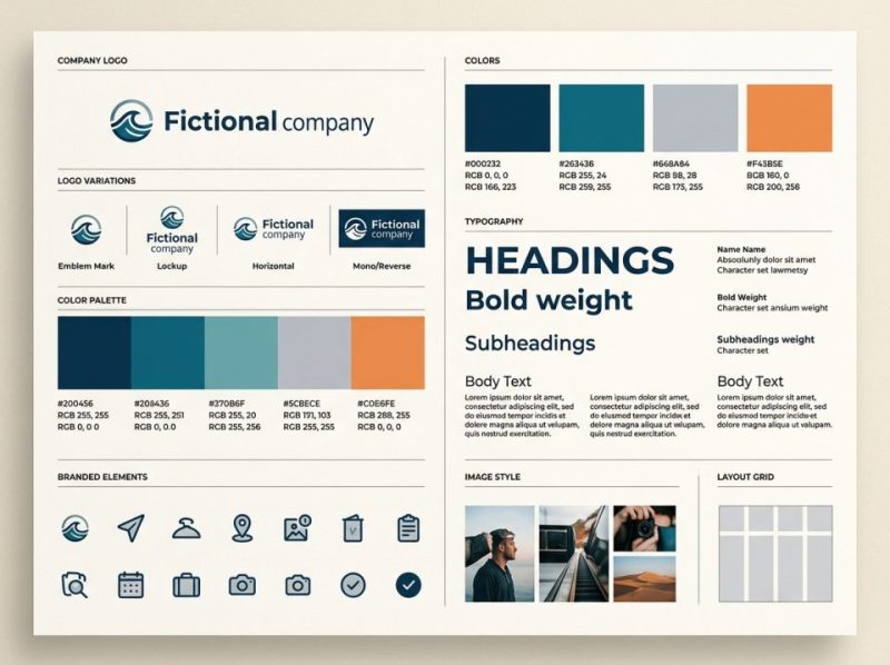 Detailed brand style guide displaying logos, color palettes, and typography for a unified brand identity.