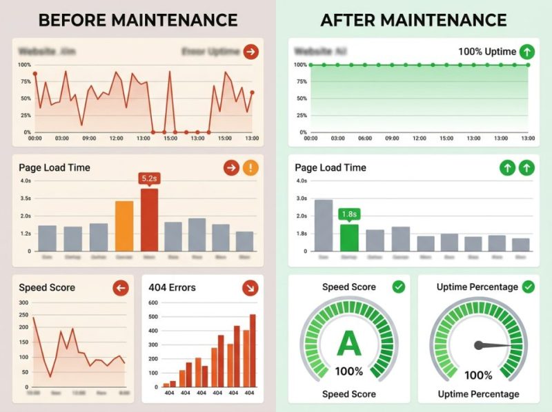 A digital performance report showing green indicators for high website uptime and fast page load speeds.